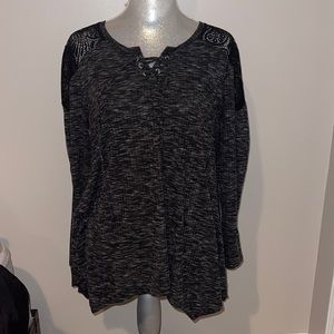 Style & Co grey and black long sleeve lace up shirt, laced shoulders